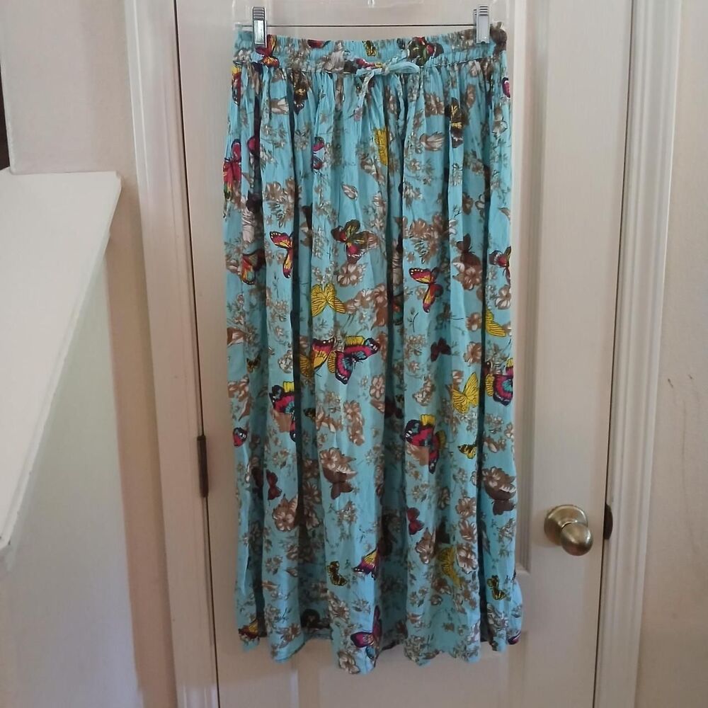 Y2K Vintage All Over Print Butterfly Rayon Flowy Maxi Skirt Elastic Waist M Boho